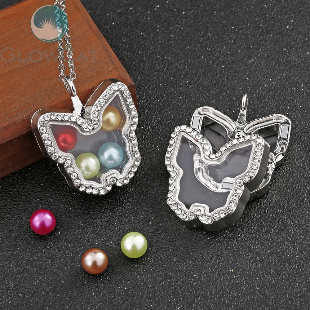 Silver Butterfly Can open Locket Necklace Beads Pearl Memory Photo Glass Pendant Charm | Украшения и аксессуары