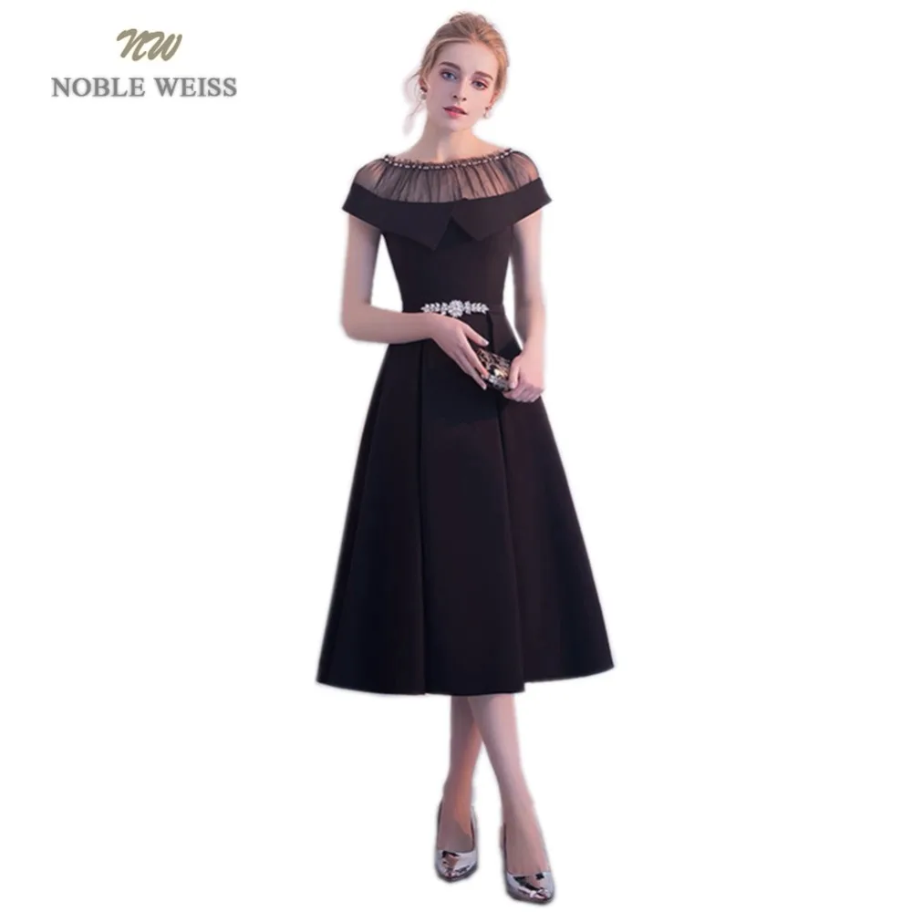 

NOBLE WEISS Hot Sale Black Satin Short Prom Dresses Beading Robe De Soiree A-Line In Stock Prom Dress