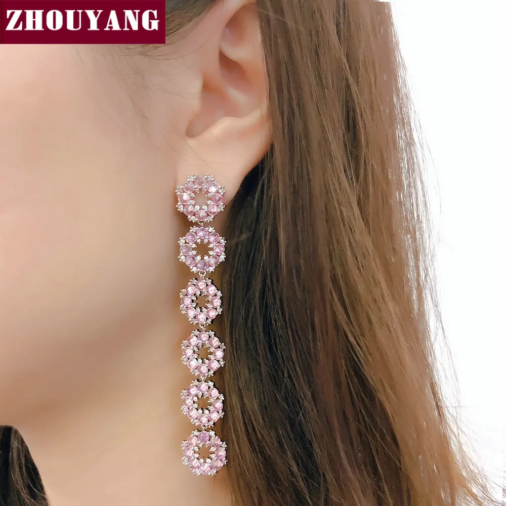 ZHOUYANG Drop Earring For Women Romantic Style Delicate Pink Flower Circle Cubic Zirconia Silver Color Gift Fashion Jewelry E274
