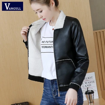 

Vangull Winter Women Leather Jacket Long Sleeve Warm Velvet Thick PU Leather Coat 2019 Solid Zipper Plus Size Short Outerwear