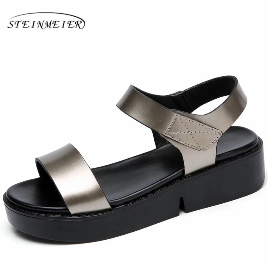 

Genuine Cow leather ladies designer vintage flats Sandals handmade black golden 2018 summer oxford shoes for women