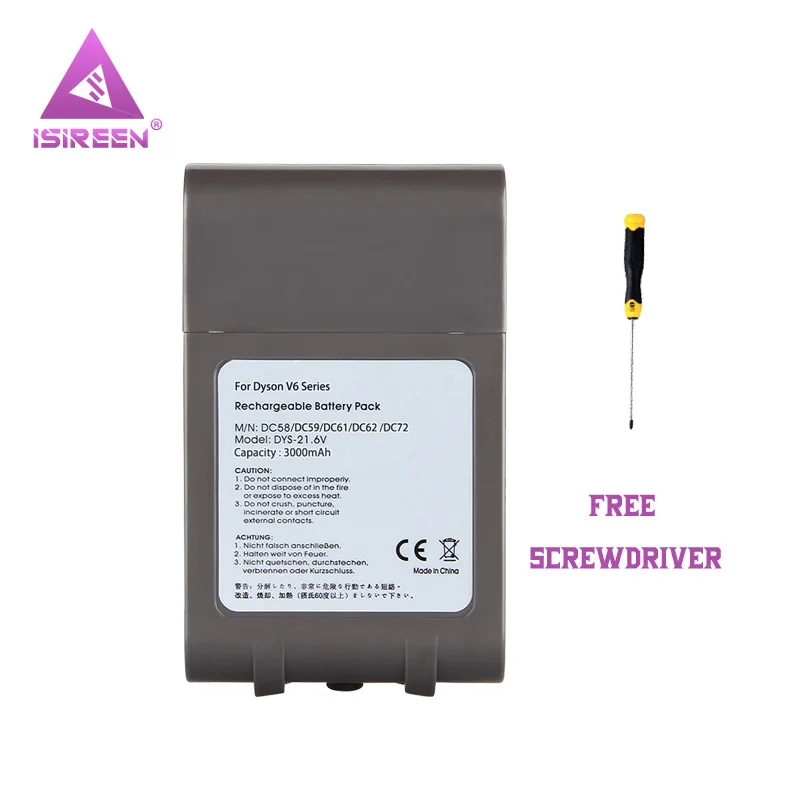 

3000mAh Li-ion 21.6V Rechargeable Battery Replacement for DYSON V6 Serise DC61 DC62 DC71 DC58 DC59 SV09 SV07 SV03 SV04 SV06