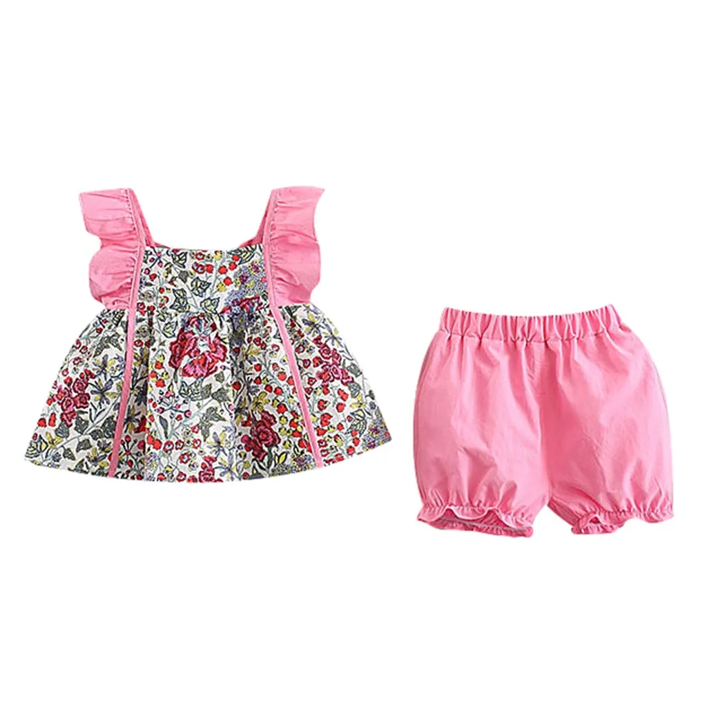 

Children Girls Sleeveless Suspender Flower Print Tops+Shorts Set Outfit