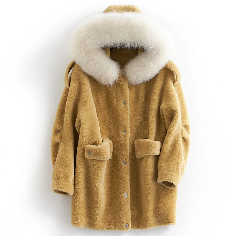 Пальто из натурального меха, осенне-зимняя куртка, женская одежда,, Корейская винтажная овечья овчина, мех лисы, воротник из шерсти, пальто ZT1369