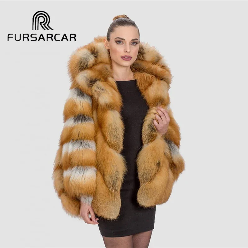 Мех Sarcar натуральный Золотой лисий мех пальто для женщин с капюшоном Летучая мышь рукавами лисий мех пальто толстый теплый натуральный мех Женская куртка