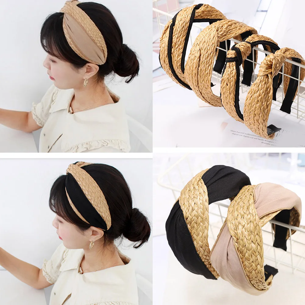 

Bohemian Summer Straw Weaving Top Knotted Headband Cross Handmade Wide Hair Hoop Women Girls Elastic Hair Bands Hair Accessories