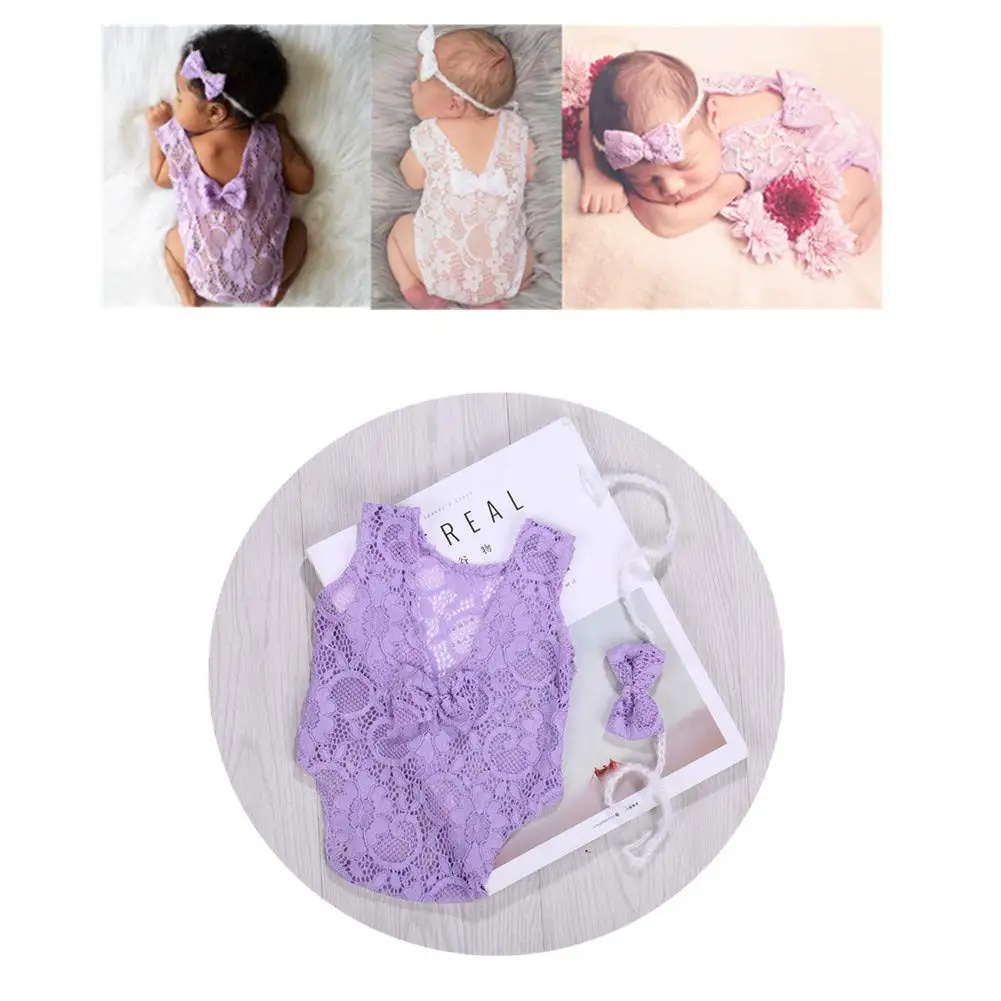 Newborn Infant Baby Photography Props Girls Lace Bow Vest Bodysuits Romper Photo Shoot Princess Clothes