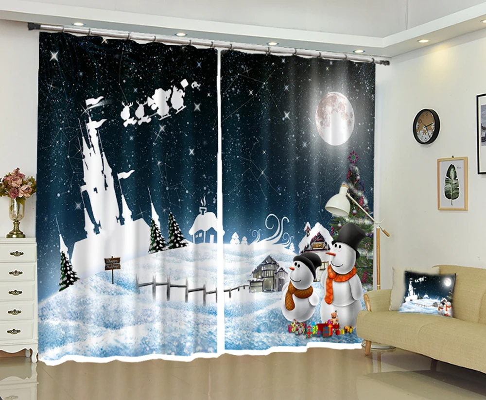 

Christmas new curtains under the moonlight, snowman blackout curtains, gauze