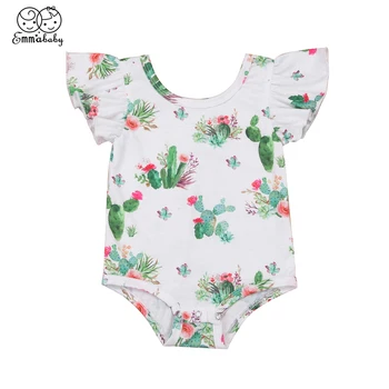

Cute Casual Newborn Toddler Baby Girls Bodysuits 0-24M Short Petal Sleeve O-neck Covered Button Cactus Print Clothes