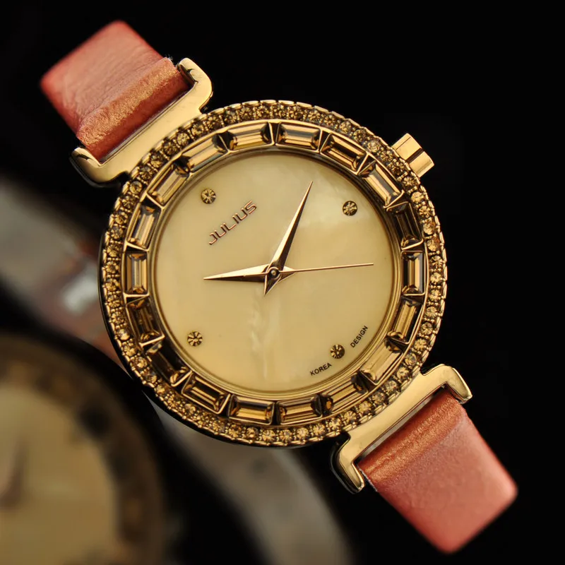 Julius Women s Lady Wrist Watch Quartz Hours Best Fashion Dress Bracelet Leather Rhinestone Shell Girl