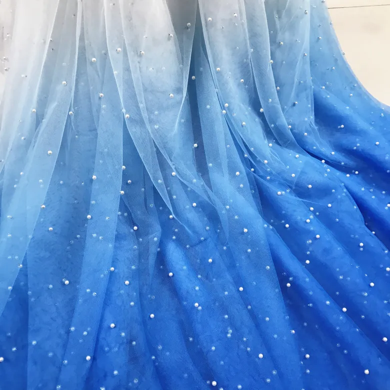 

2018 Hot selling Tulle mesh+pearls net lace fabric 3 yards/lot Sky blue, Royal blue, Pink, Red gradually changing color in stock