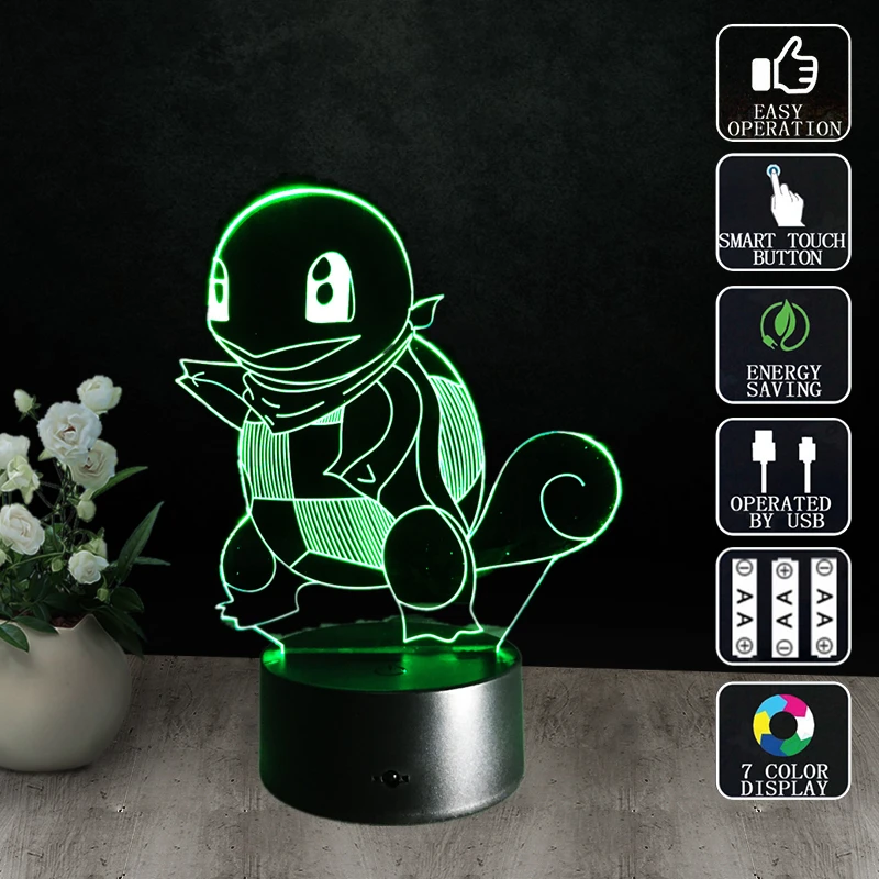 

3D Nightlights Lampara Decoration Table Lamp Pocket Monster Squirtle Methacrylate plate Battery-powered Lamparas Lampe Enfant