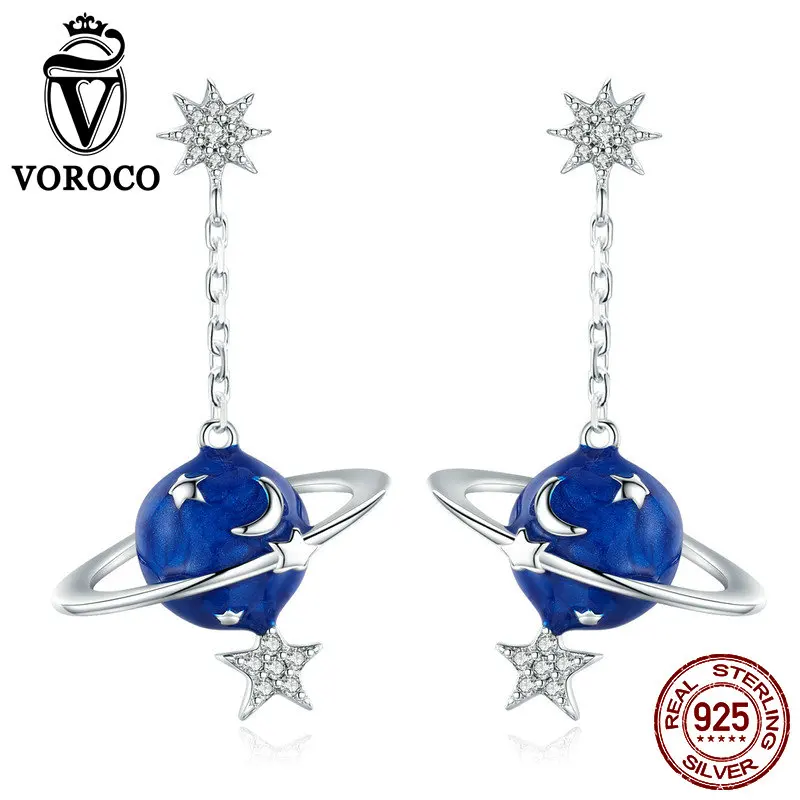 VOROCO 2018 Mysterious Planet Star 925 Sterling Silver Earrings Fashion Woman Long Earrings Shiny CZ Stone Fine Jewelry BNE016