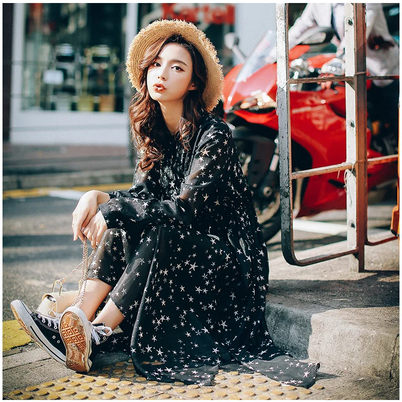 

Streetwear 2017 New Spring Summer Female Print Fashion Black Long Dress Women Long Sleeve Star Chiffon Slim Dresses Vestidos