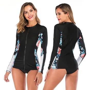 

Women Rash Guard Patchwork Long Sleeve Full Length Zipper Sunshade Two Piece Beach Surfing Diving Bathing Suit Swimwear