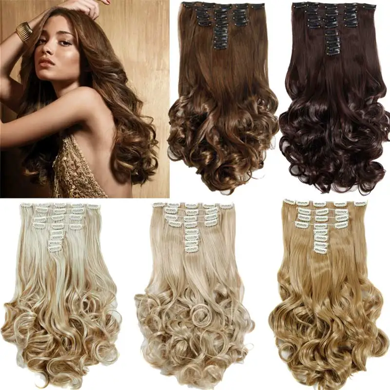 False Hair Extensions Synthetic Hair with Clip 8pcs 18 Clips in Hair Extension 20" Long Curly Hairpiece Heat Resistant Hair