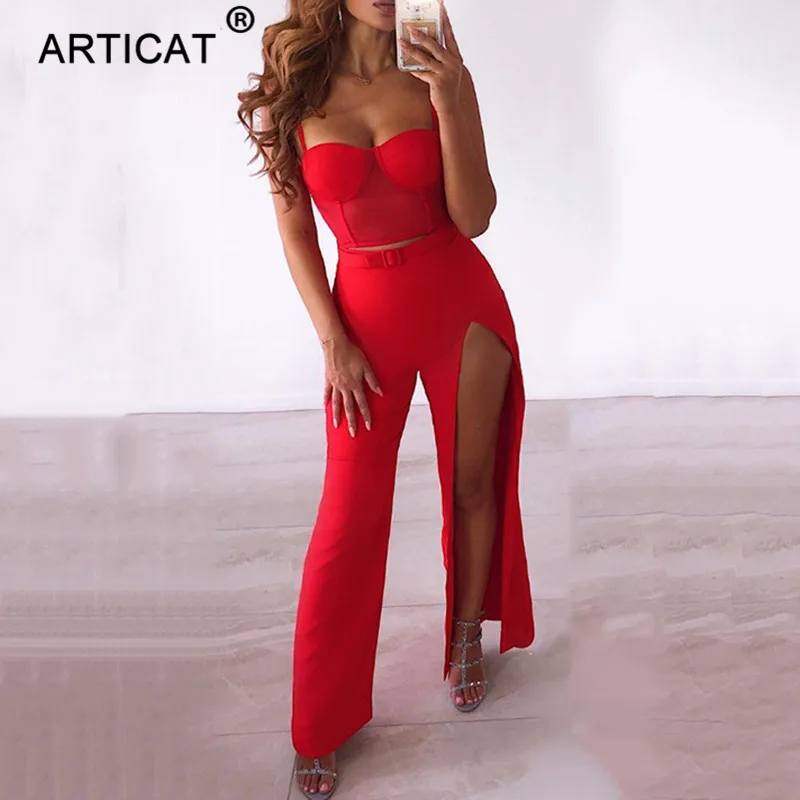 Articat Spaghetti Strap Sexy Summer Jumpsuit Women Two Piece High Waist Mesh Body Suit Elegant Belt High Split Wide Leg Jumpsuit