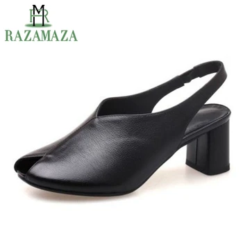 

ZALAVOR Women Genuine Leather Sandals Peep Toe Two-Piece Summer Shoes Women Fashion Buckle Square Heels Footwear Size 34-39