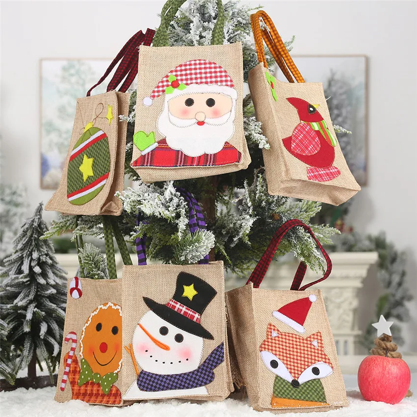 

Portable Cartoon linen Kid Handbag Christmas Candy Gift Holder Treat Bag Xmas Holiday Party New Year Wedding Supplies Decoration