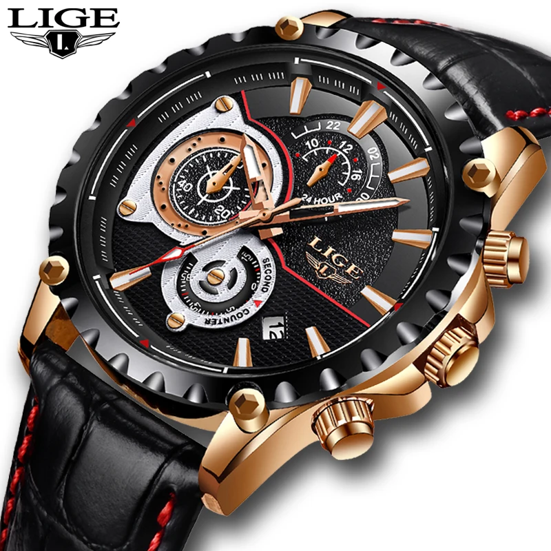 Мужские кварцевые часы с хронографом и датой на кожаном ремешке|Кварцевые часы| |