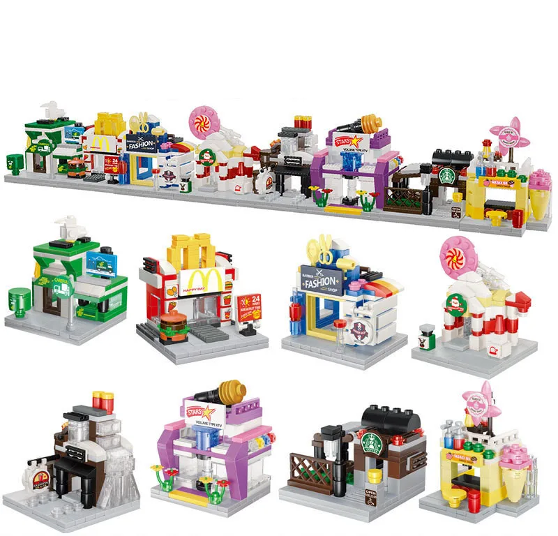 

Mini Street Retail Store Shop Architecture Model Building Blocks McDonald Cafe store City View Compatible 3D City Model