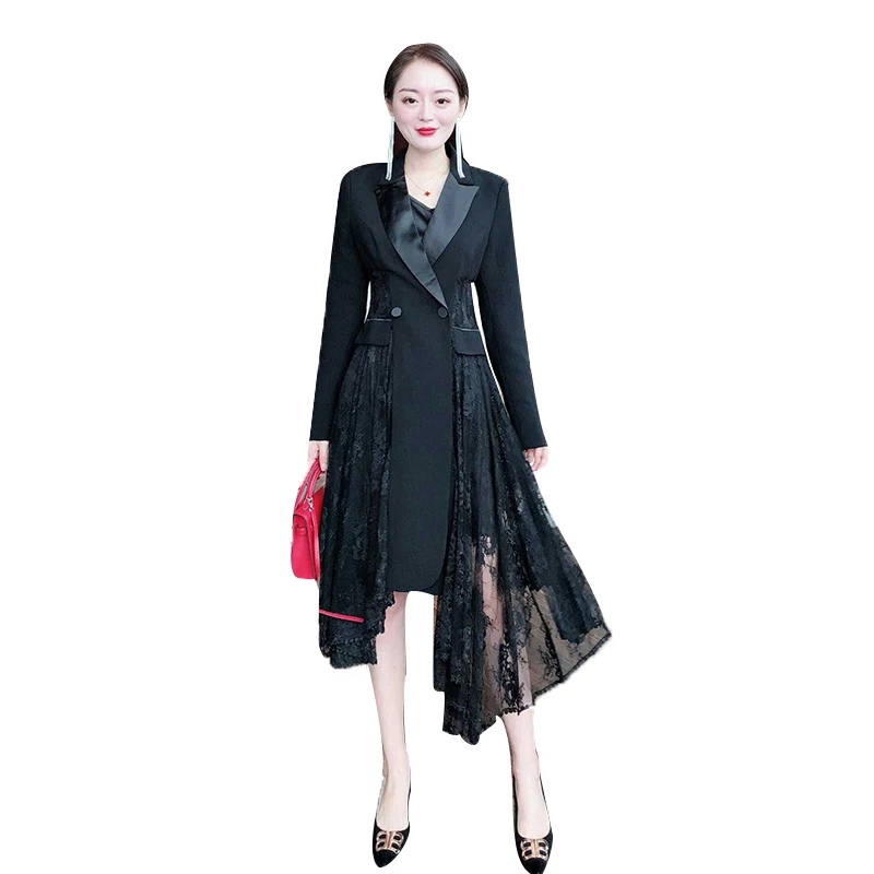 CHICEVER лето формальный черный блейзер лоскутное асимметричное кружевное платье с подолом для женщин зубчатый длинный рукав кнопка до середины икры Платья