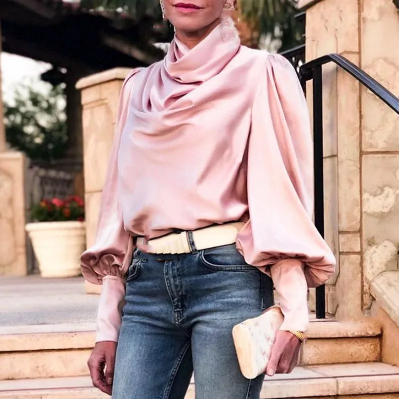 2019 Pink Satin Women Vintage Blouse Solid Pleated Blouse Lantern ...