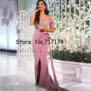 

Beaded Sheer Neckline Off the Shoulder Blush Pink Split Evening Gowns with Side Sash Train Mermaid Prom Party Dress Zipper Back