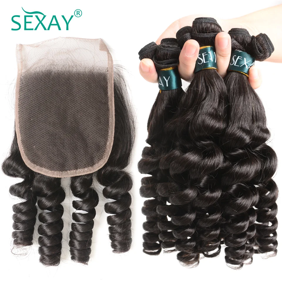 

Sexay Funmi Curly Human Hair 3 Bundles With Closure Brazilian Remy Hair Weave With 4x4 Lace Closure Pre-colored 100% Human Hair