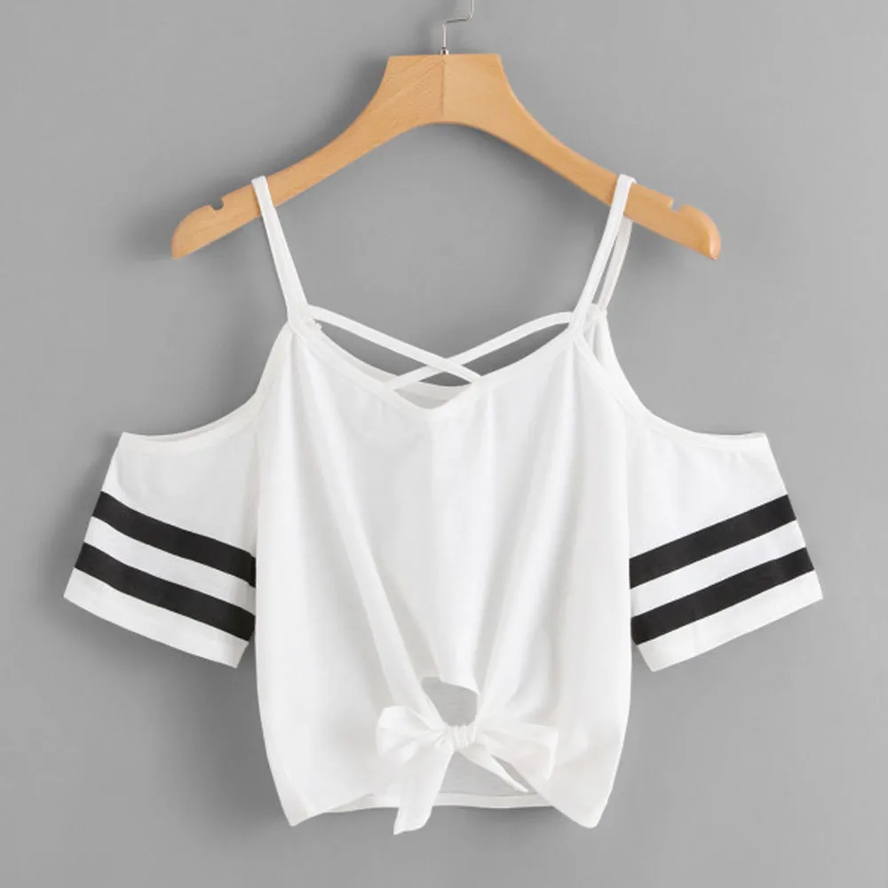 

CHAMSGEND Summer Korean Blouses Women Ladies Short Sleeve Off Shoulder Striped Blouse Tops Clothes Drop Shipping 3j02*