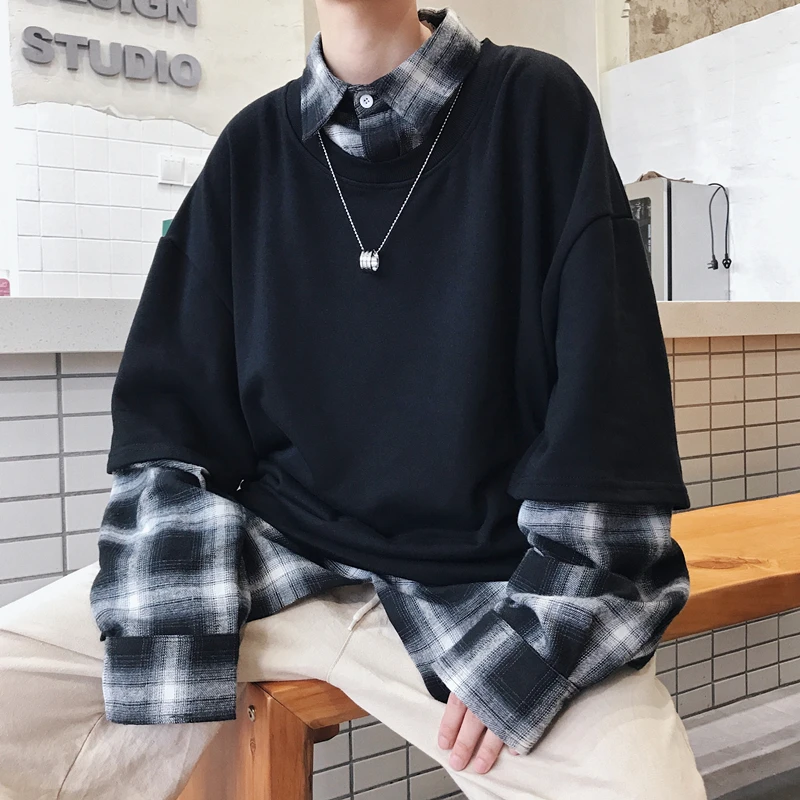 

2018 Men's Casual Cotton Clothes Pullover Plaid Printing Sweatshirts Long Sleeves Hoodies False Two Piece Loose Coats M-2XL