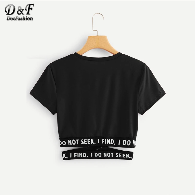 Dotfashion Contrast Slogan Criss Cross Waist Tee 2019 Summer Round Neck Short Sleeve Top Women Asymmetrical T Shirt