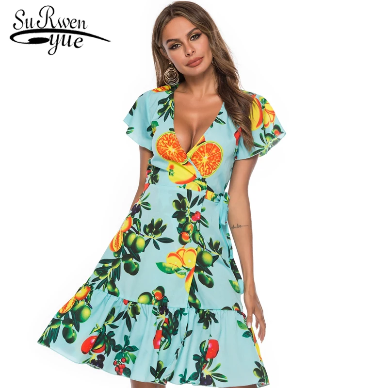 women dress summer dress knee dress V-neck short-sleeved lace-up printed Bohemian dress beach dress women clothes 2019 3342 50