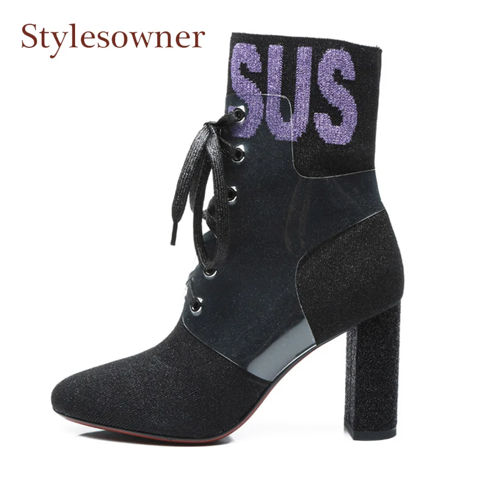 

Stylesowner round toe chunky high heel ankle boots women lace up mixed color word martin boots knit stretch sock shoes females