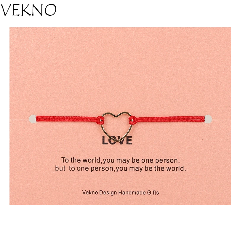 VEKNO Charm Hollow Heart Paired Couple Bracelets in Love for Women Kids Red Rope Adjustable Wish Bracelet with Card Pray Jewelry