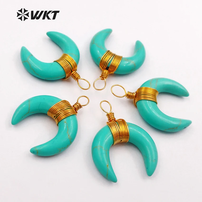 

WT-P1364 Exquisite Small Size Crescent Horn Stone Necklaces Pendant With Copper Wire Charm Green Natural Stone Horn Pendant
