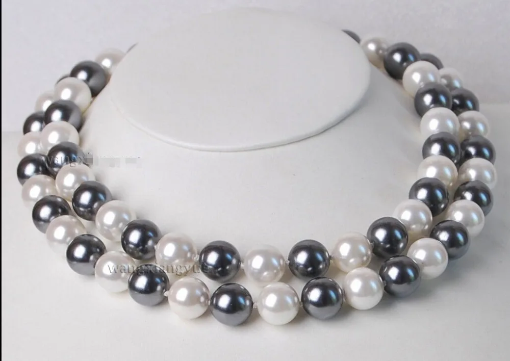 

Long 33"12MM Elegant white /black South sea Shell Pearl Necklace ^^^@^Noble style Natural Fine jewe FREE SHIPPING