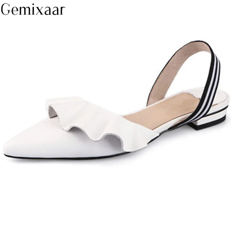 

Jelly Color Slim Shallow Decor Ruffles Women Shoes Cover Pointed Toe Plat Sandalias Concise Elastic Band Low Heel Sandals Woman