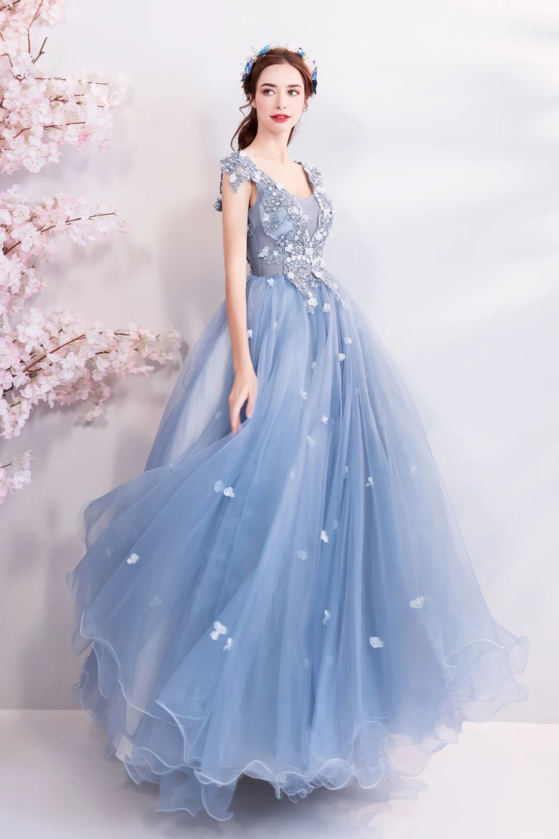 Blue Evening Dresses Elegant V Neck Lace Applique Beads Crystal A line Sleeveless Long Prom Gown Graduation Walk Beside You