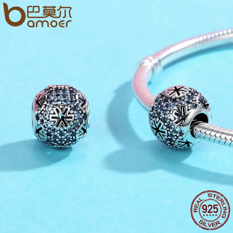 Preise BAMOER Echtem 100% 925 Sterling Silber Weihnachten Schneeflocke Blau CZ Perlen fit Original Charme Armband DIY Feine schmuck SCC402