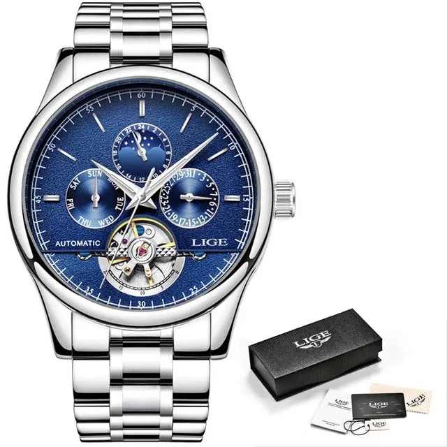 LIGE для мужчин часы лучший бренд класса люкс автоматические деловые s полный сталь Бизнес водонепроницаемые спортивные часы Relogio Masculino - Цвет: Silver blue-S