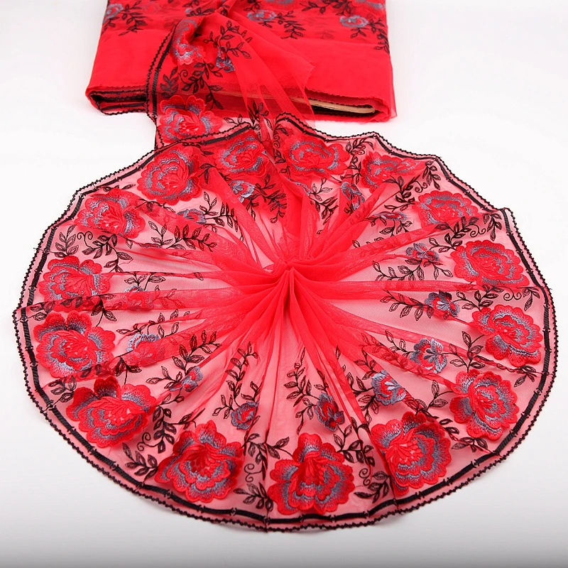 

Free shipping 2 Yards Lace Trim Red roses Embroidered Black + red Tulle Lace9.85 Inches Wide High Quality
