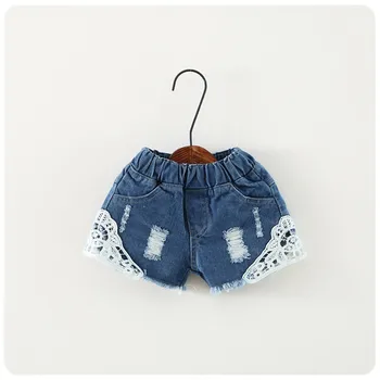 New Summer Korean Girls Lace Hole Jeans Shorts Cowboy Kids Girls Cute Shorts Jeans Short Lace Pocket Denim Shorts Children 2-12Y 2