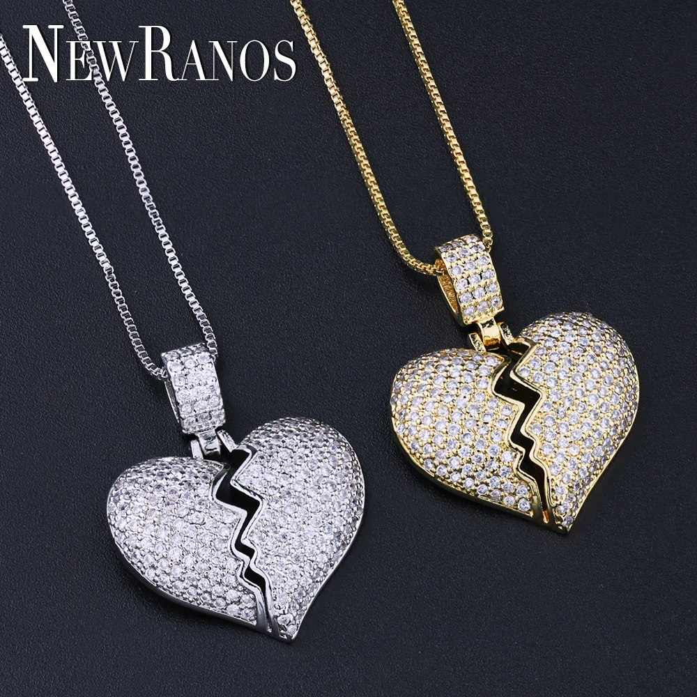 Trendy Broken Heart Necklace Full Pave Micro Cubic Zirconias Heart Pendant Necklace Statement