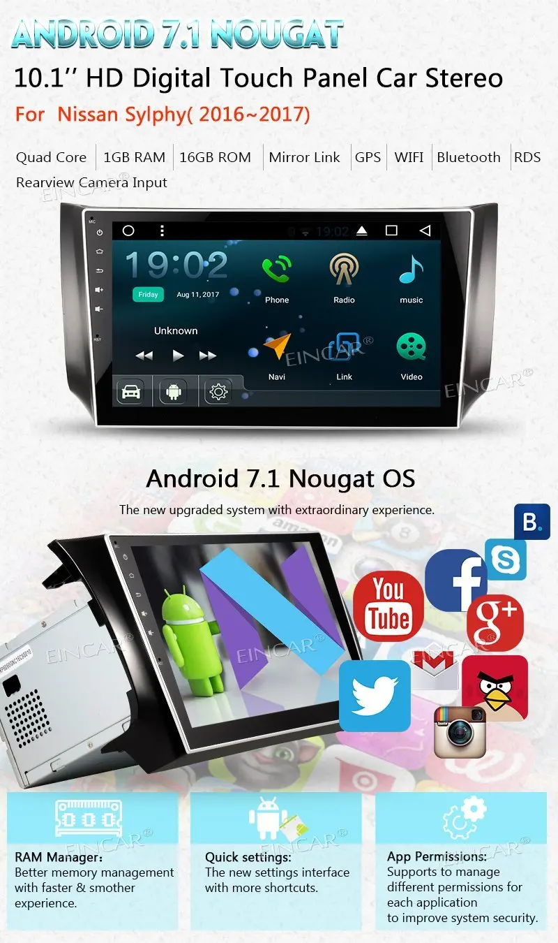 Discount Eincar 10.1 inch Android 7.1 Car Radio 2 Din Stereo with Autoradio for Nissan Support GPS BT 3G/4G WIFI CAM-IN OBD2 1080P DAB+ 1