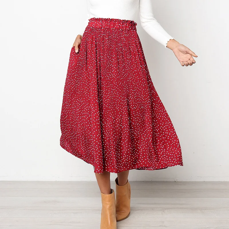 

Women Mid-Calf Dot Printed Office Midi Skirt Female New 2019 Summer High Waisted Ladies Casual Yellow Skirt Pleated