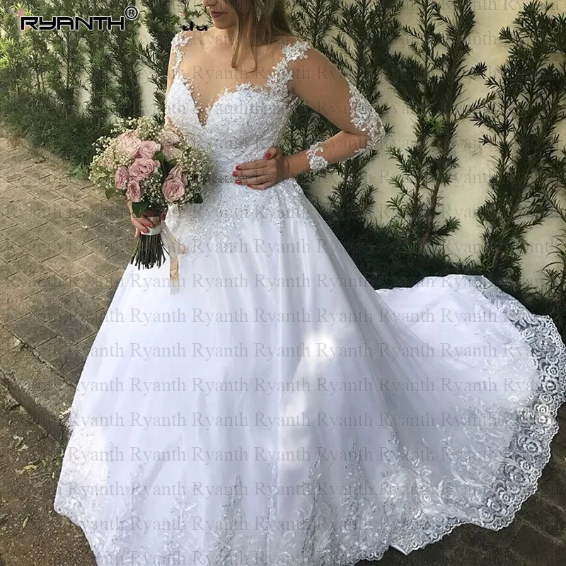 Роскошное кружевное бальное платье принцессы с длинными рукавами, Vestido de noiva, свадебное платье, сверкающие бусины, Robe de mariee