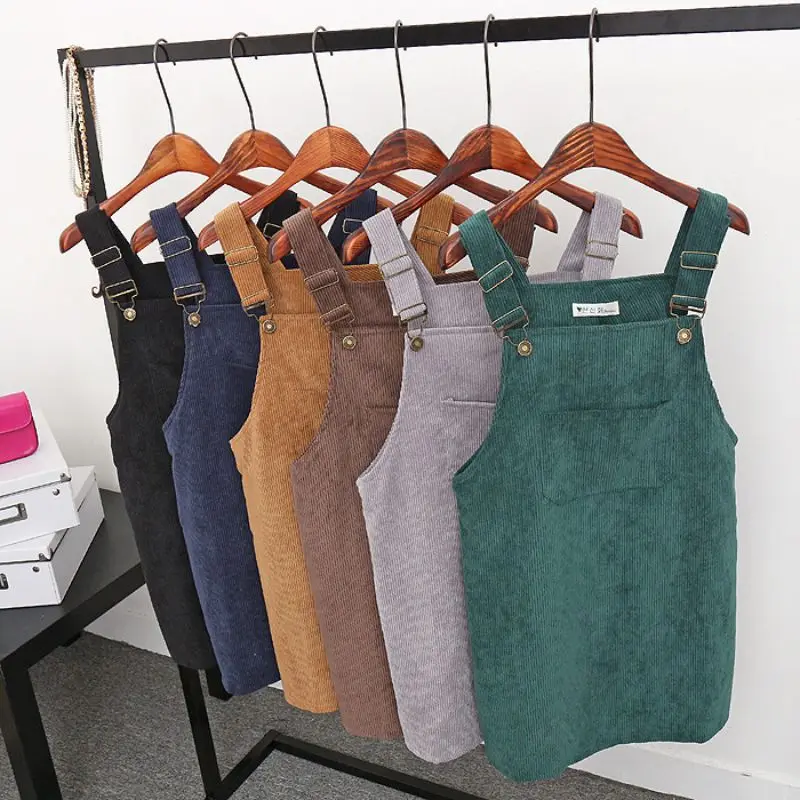 

Women Retro Corduroy Dress Autumn Sarafan Loose Vest Overall Mini Dress Spring Suspender Sundress Casual Female Dresses