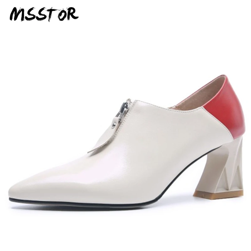 

MSSTOR Zipper Black Pumps Shoes Women Fashion Pointed Toe Party Hoof Heels Women Heels Mixed Colors Woman Shoes 2018 Spring