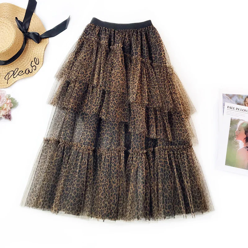 Весенняя женская юбка из тюля Сексуальная леопардовая Длинная пляжная юбка богемная плиссированная юбка с высокой талией Harajuku юбка-пачка Повседневная Vestido
